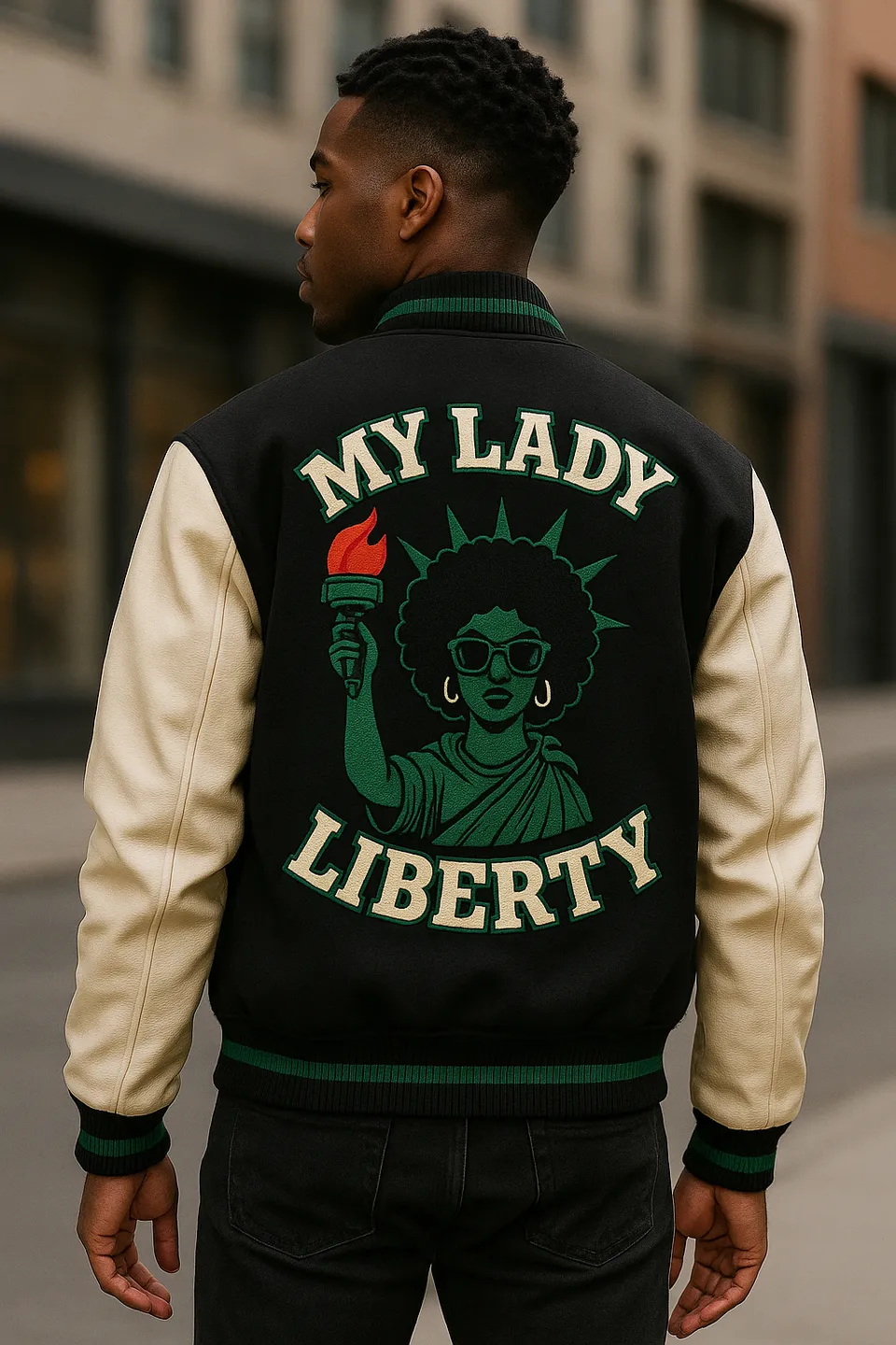 My Lady Liberty letterman jacket, existing Ariginals product artwork